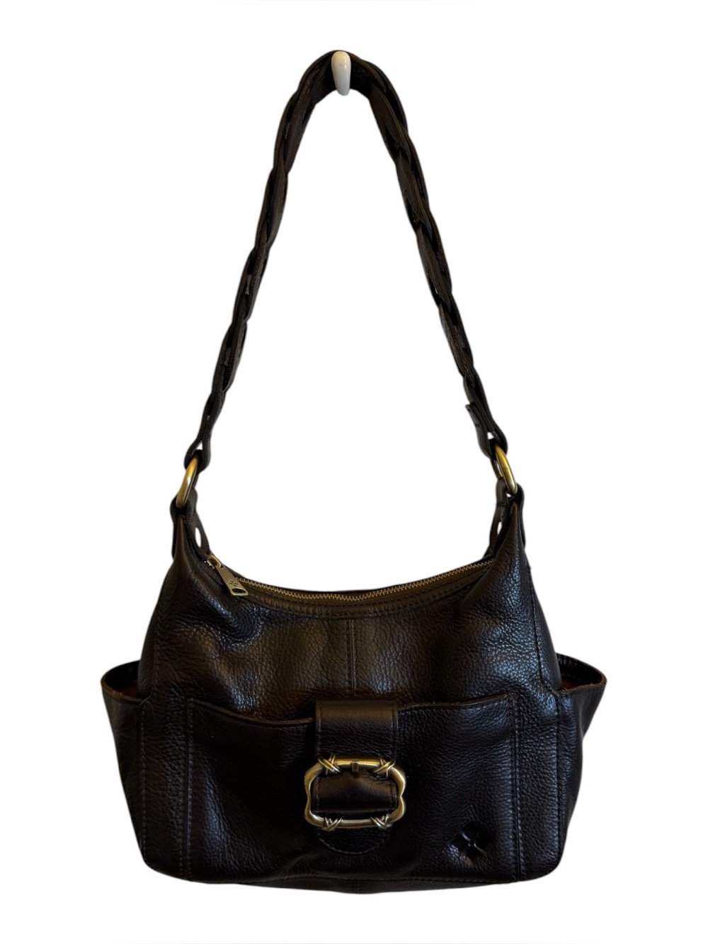 Patricia Nash Brown Pebbled Leather Shoulder Hobo Bag Braided Strap Buckle Zip